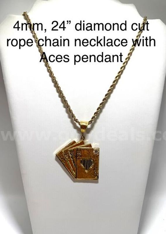 Gorgeous, 4MM, 24 Inch, Diamond Cut Rope Chain, W/CZ Aces Pendant, 24k Real Gold Filled