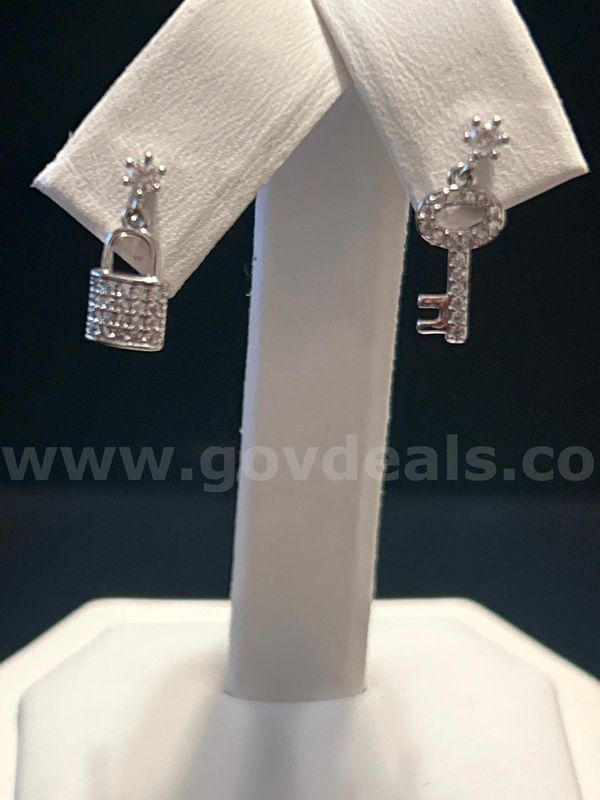 Rhodium Clad (Silver) Lock and Key CZ Stud Earrings