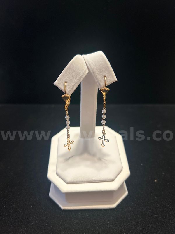 Gorgeous, Dangling Pearls W/Cross Earrings, 24K Real Gold Filled