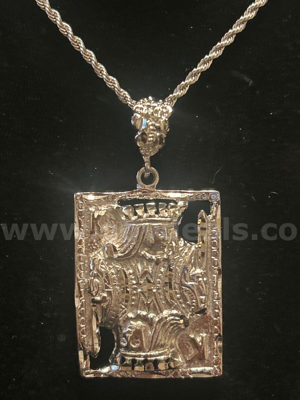 2mm , Rhodium Clad (Silver), 24” French Rope Chain, W King of Cards Pendant.