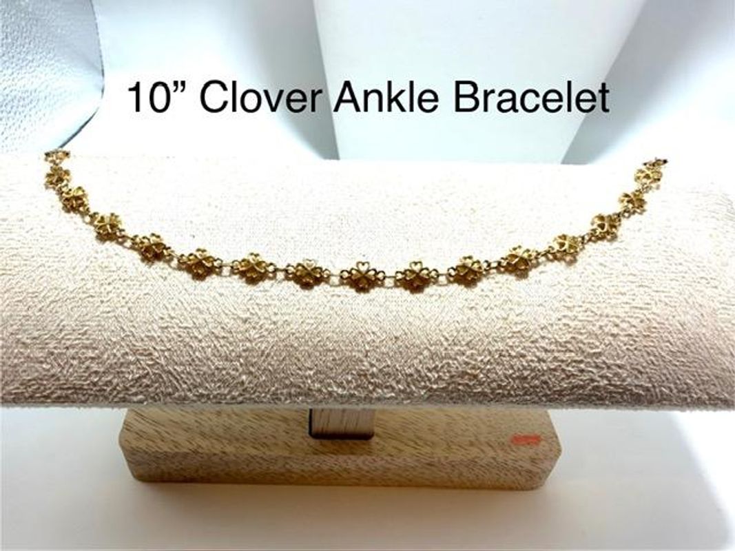 Beautiful, Ladies, 10 Inch, Clover Ankle Bracelet, 24k Real Gold Plated