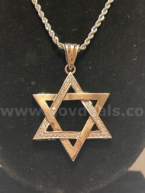 18” Rhodium Clad (Silver) 2mm, French Rope, W/ Large CZ, Star of David Pendant