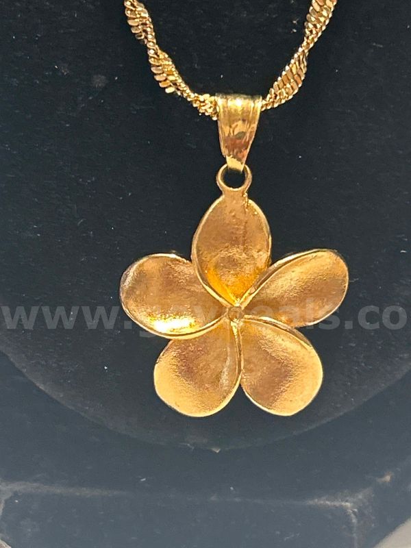 30”, Whisper Necklace W/ Textured Finished Flower Pendant. 24K Real Gold Plated