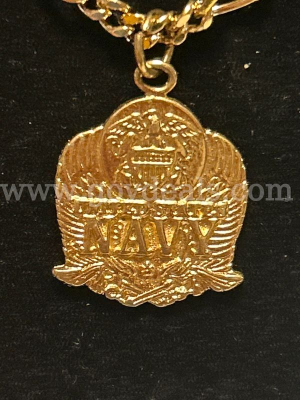 22”, Small Figaro Chain Necklace W/ “United States Navy” Pendant, 24K Real Gold Filled.