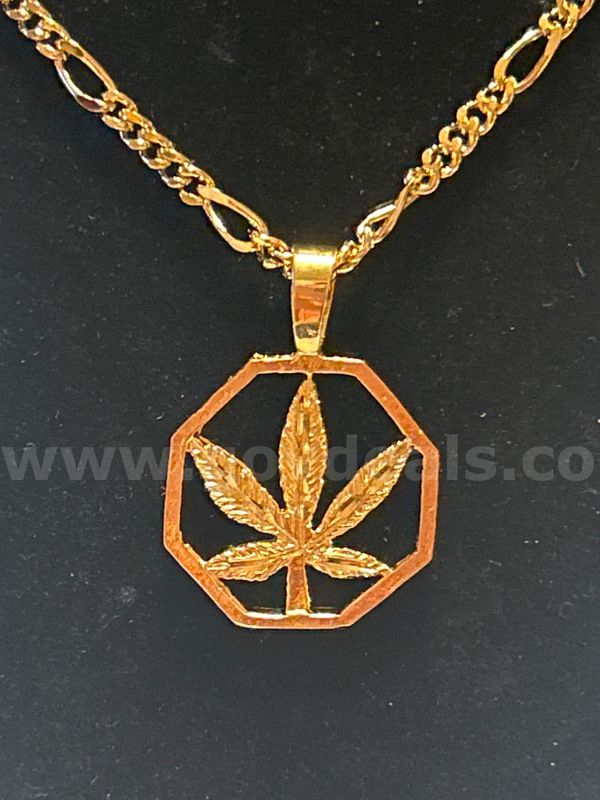 24”, Small Figaro Chain Necklace W/ Octagon Cannabis Pendant, 24K Real Gold Filled.
