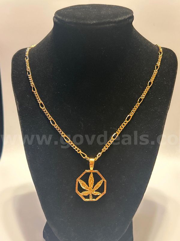 24”, Small Figaro Chain Necklace W/ Octagon Cannabis Pendant, 24K Real Gold Plated