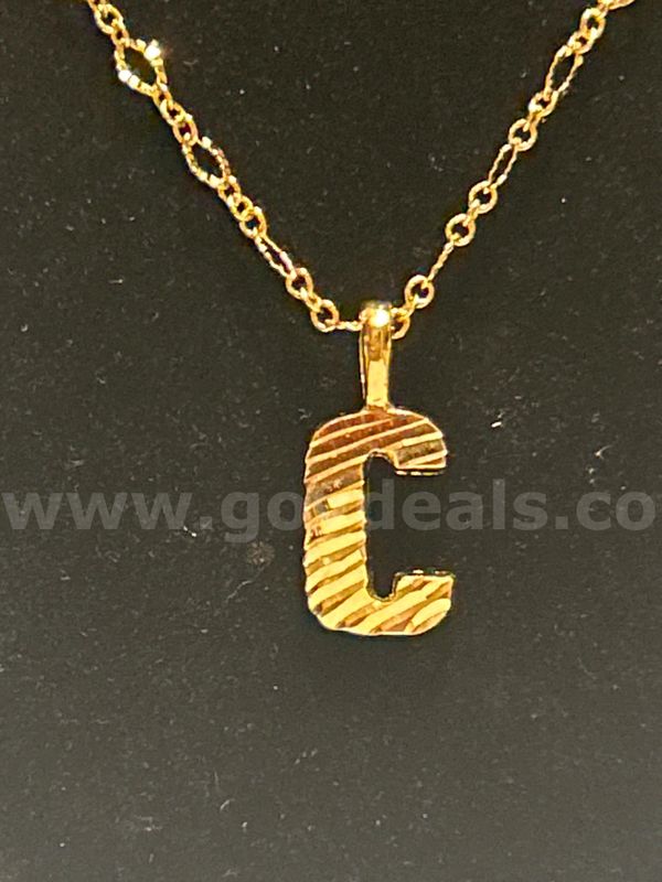 18” Small Oval Link Chain Necklace W/ Diamond Cut Initial “C”Pendant. 24K Real Gold Filled.