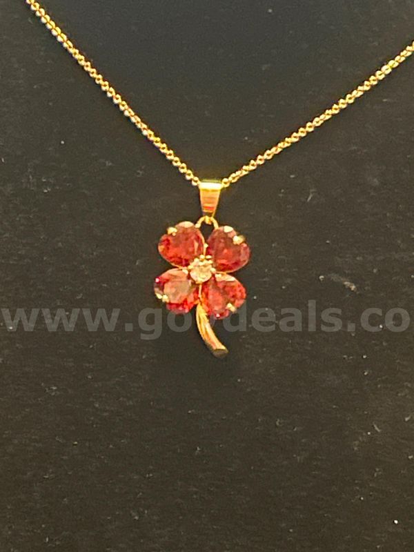 Beautiful, 22 Inch, Ring Chain Necklace W/ Garnet CZ 4-Leaf Clover Pendant, 24k Real Gold Plated.