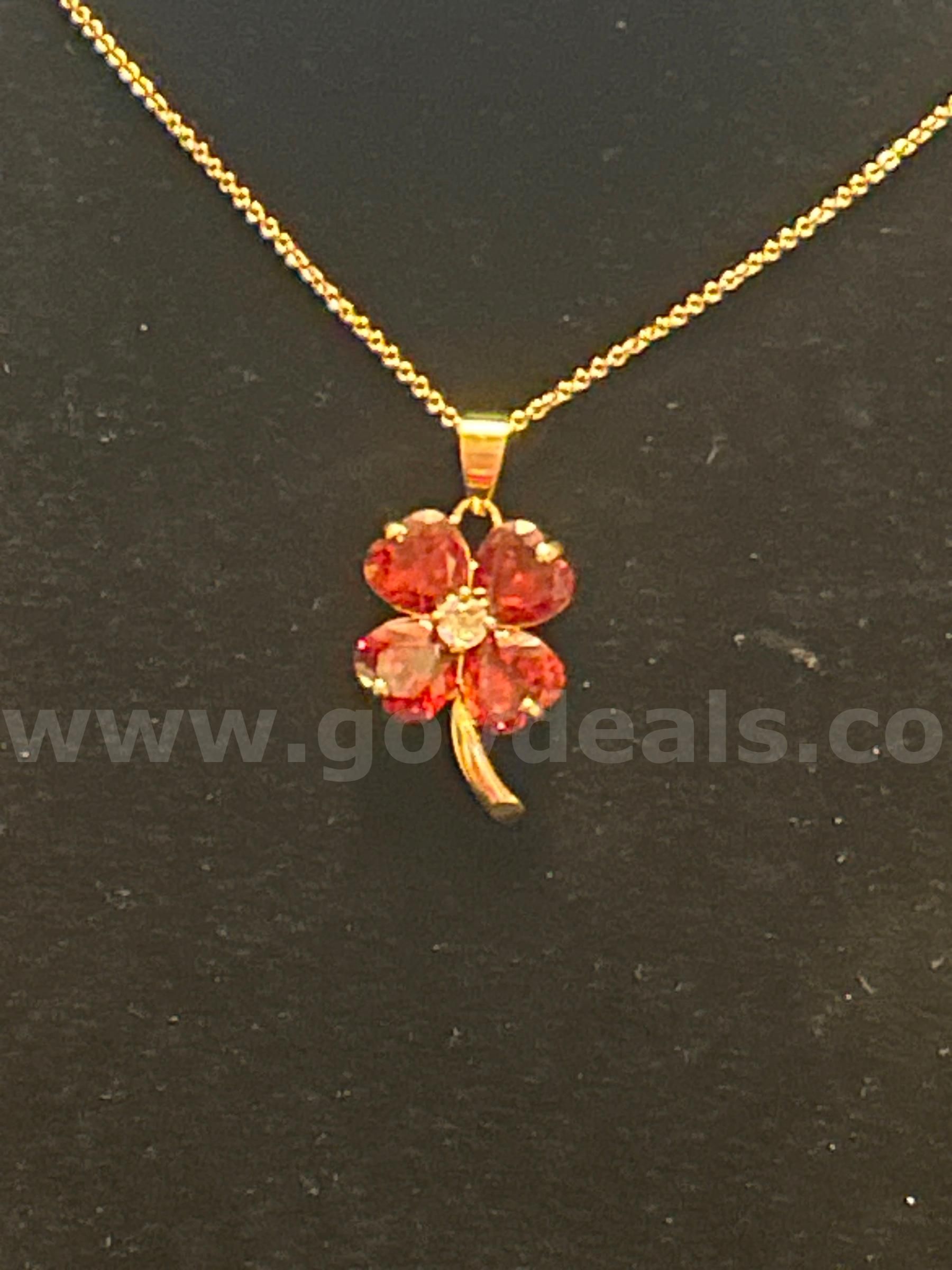 Beautiful, 22 Inch, Ring Chain Necklace W/ Garnet CZ 4-Leaf Clover Pendant, 24k Real Gold Plated.