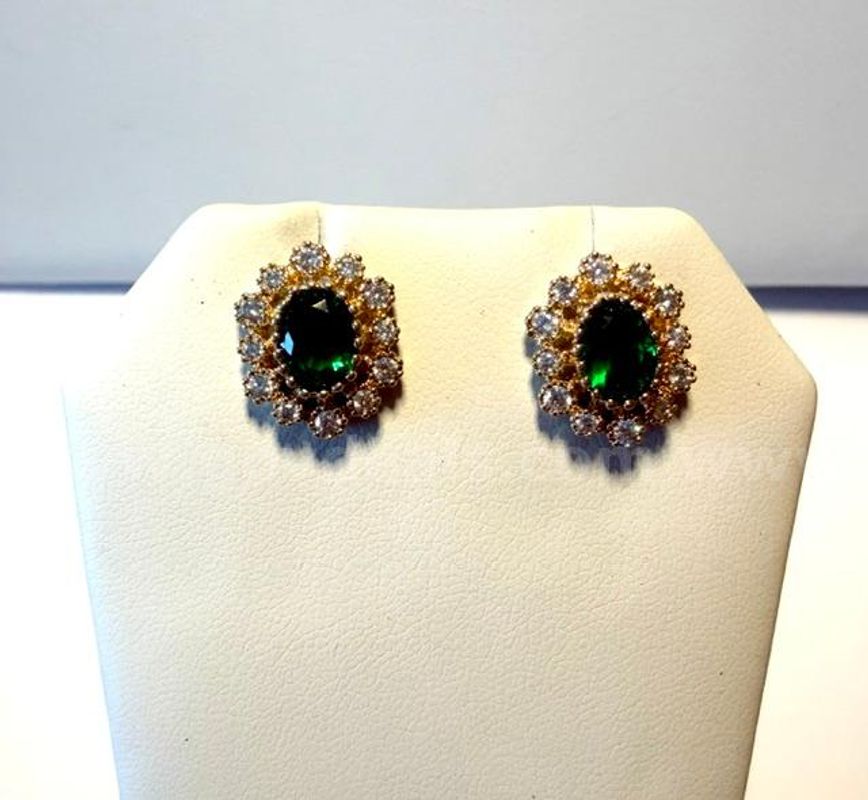 Gorgeous, Emerald CZ Earrings W/Accents, 24k Real Gold Plated