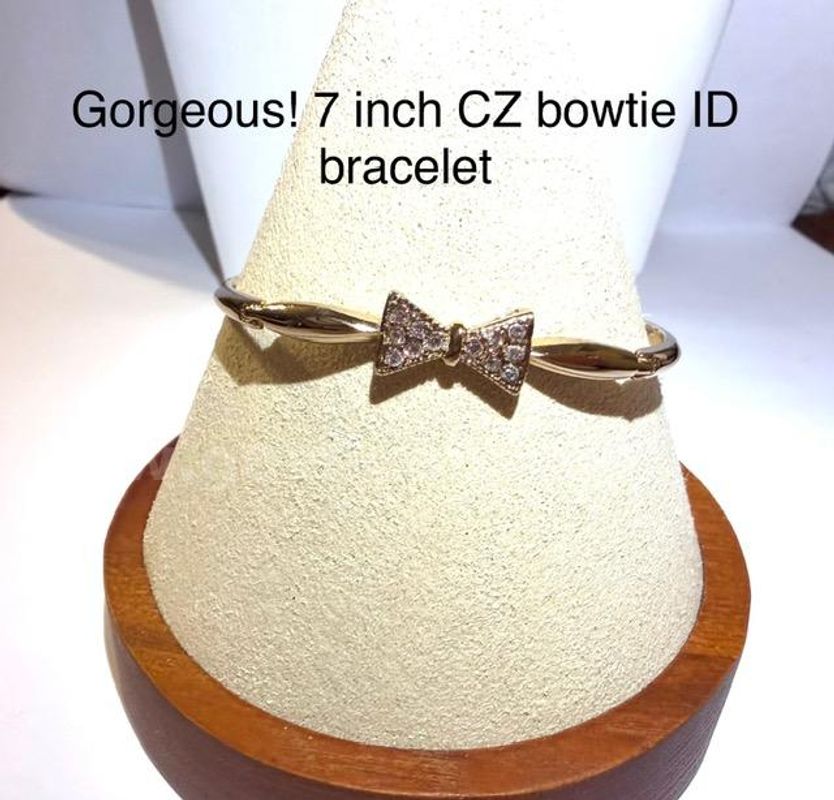 Gorgeous, Ladies, 7 Inch, CZ Bowtie ID Bracelet, 24k Real Gold Filled