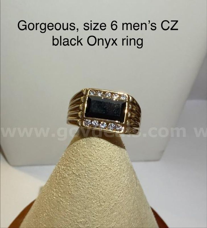 Gorgeous, Men's, Size 6, CZ Black Onyx Ring, 24k Real Gold Plated