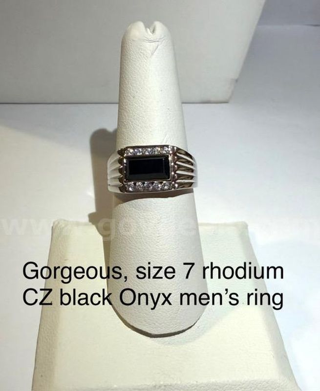 Gorgeous, Men's Rhodium Clad (Silver), Size 7, CZ Black Onyx Ring