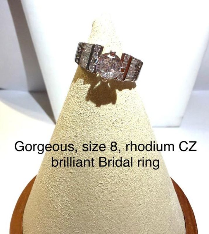 Gorgeous, Rhodium Clad (Silver), Size 8, CZ Brilliant Ladies Bridal Ring