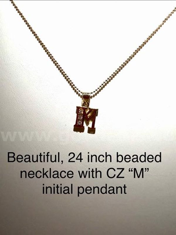 Beautiful, 24 Inch, Beaded Necklace W/CZ “M” Initial Pendant, 24k Real Gold Filled