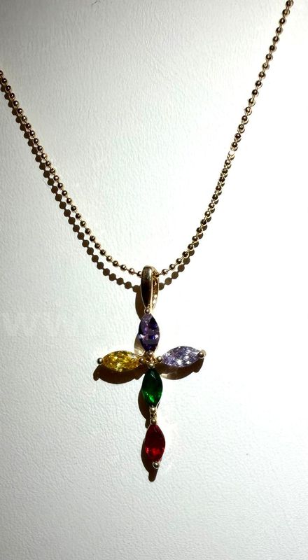 Beautiful, 22 Inch, Beaded Necklace, W/CZ Colored Stone Cross, 24k Real Gold Filled