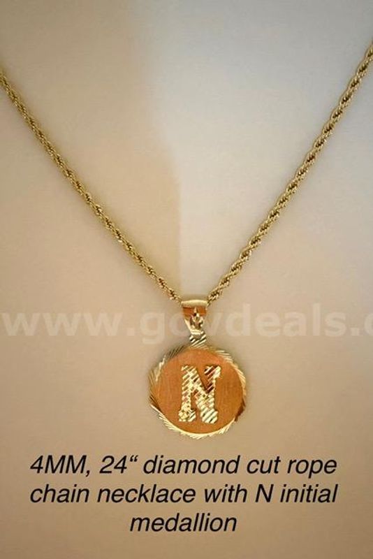 Gorgeous, 24", 4MM, Diamond Cut Rope Chain Necklace, W/"N" Initial Medallion, 24k Real Gold Filled