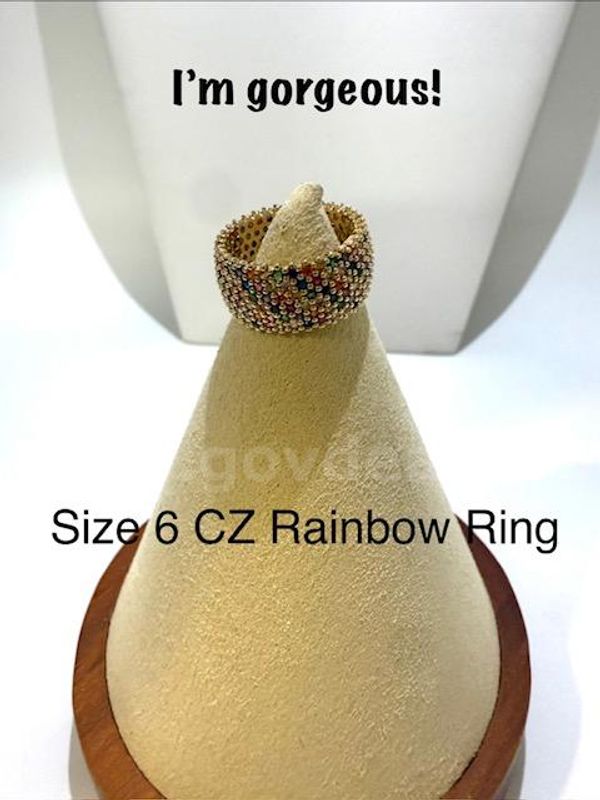 Gorgeous, Size 6, 24k Real Gold Filled, CZ Rainbow Wedding Band/Ring