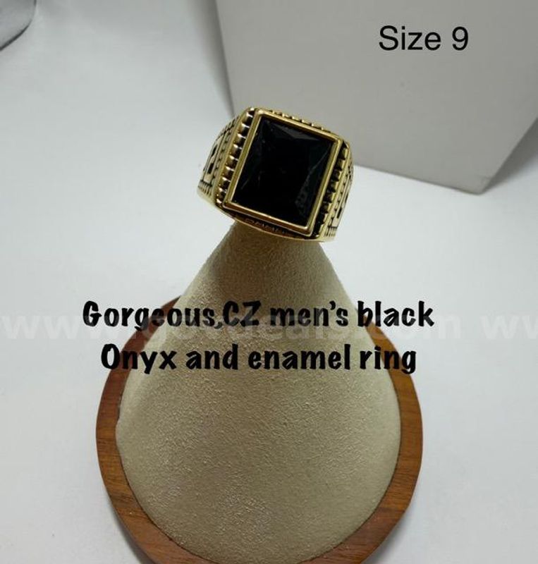 Gorgeous, Size 9, CZ Black Onyx Enamel Ring, Real 24k Gold Filled