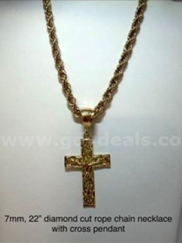 Gorgeous, 7MM, 24 " Diamond Cut Rope Chain Necklace w/Cross Pendant, 24k Real Gold Filled