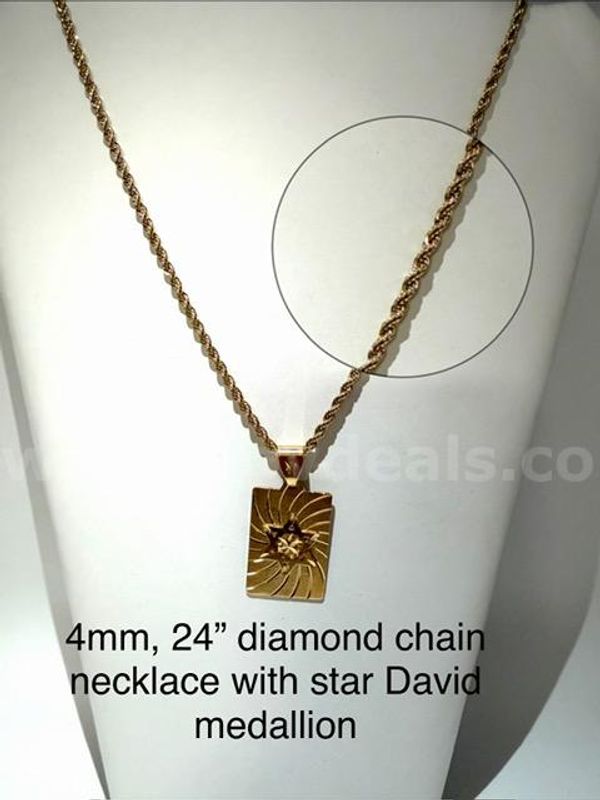 Beautiful, 4MM, 24 ", Diamond Cut Rope Chain Necklace w/Star of David Medallion. 24k Real Gold Filled