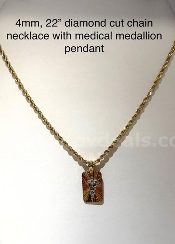 4MM, 22”, Diamond Cut Rope Chain Necklace w/Medical Medallion. Real 24k Gold Filled