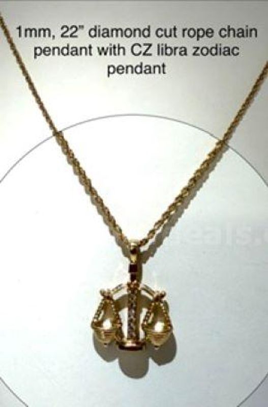 1MM, 22“, Diamond Cut Rope Chain Necklace, w/CZ Libra Zodiac Pendant, 24k Real Gold Filled