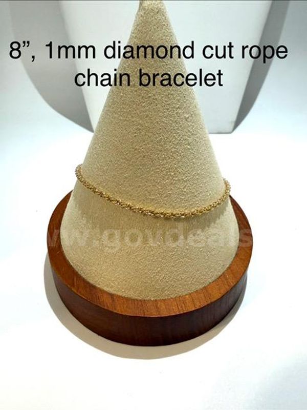 1MM, 8”, Diamond Cut Rope Chain Bracelet, 24k Real Gold Filled.