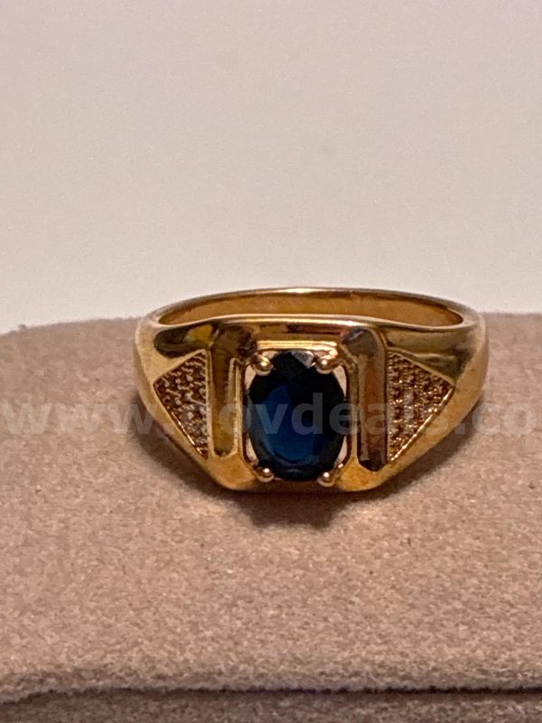 Size 9 Mens CZ Sapphire Ring W/Accents. 24k Real Gold Plated,