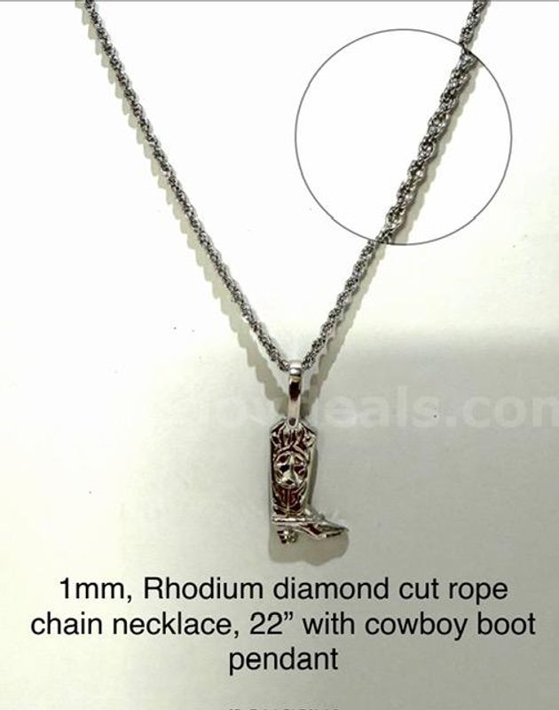 Beautiful, Rhodium Clad (Silver), 1MM, 22", Diamond Cut Rope Chain Necklace W/Cowboy Boot Pendant