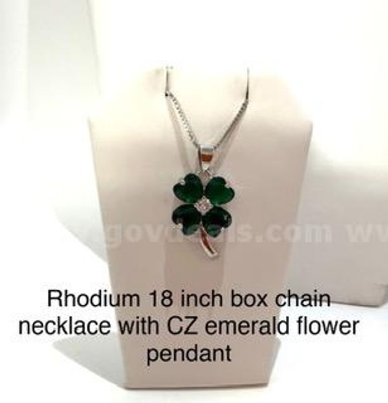 Beautiful, 18 Inch, Rhodium Clad (Silver), Box Chain Necklace W/CZ Emerald Flower Pendant