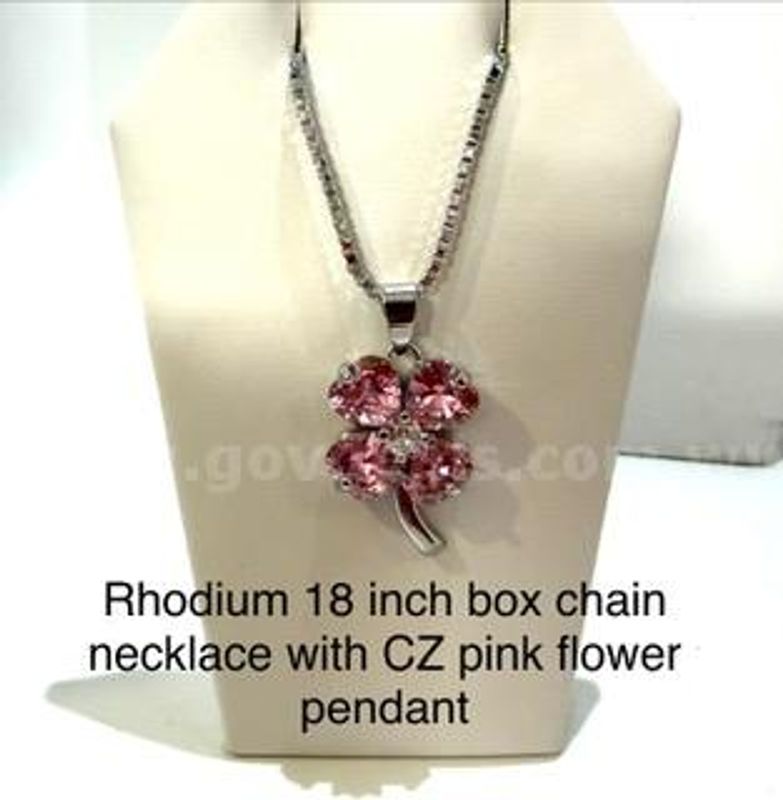 Rhodium Clad (Silver), 18 Inch, Box Chain Necklace, W/CZ Pink Flower Pendant