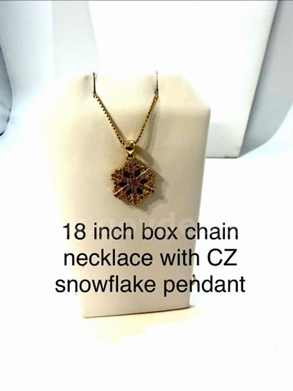 Beautiful, 18 Inch Box Chain Necklace, W/CZ Snowflake Pendant, Real 24k Gold Filled