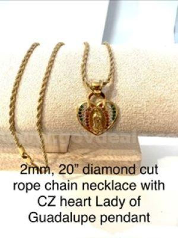 Beautiful, 2MM, 20”, Diamond Cut Rope Chain Necklace, W/CZ Heart Lady of Guatemala Pendant. Real 24k Gold Filled