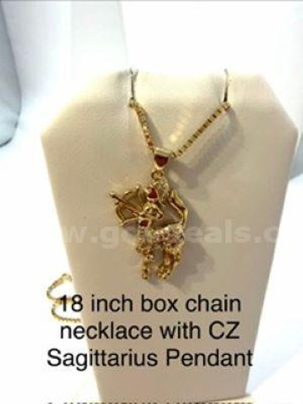 Beautiful, 18 Inch, Box Chain Necklace, W/CZ Sagittarius Pendant, Real 24k Gold Filled