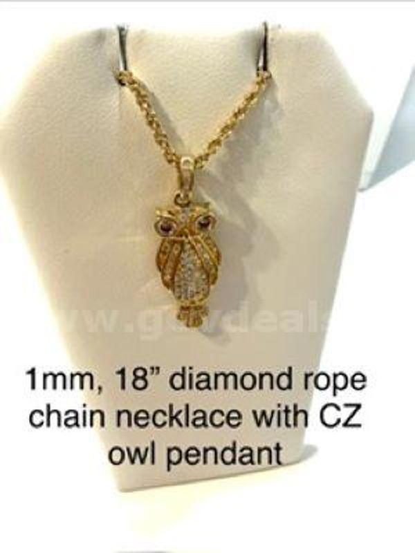 Beautiful, 1MM, 18", Diamond Cut Rope Chain Necklace W/CZ Owl Pendant, Real 24k Gold Filled