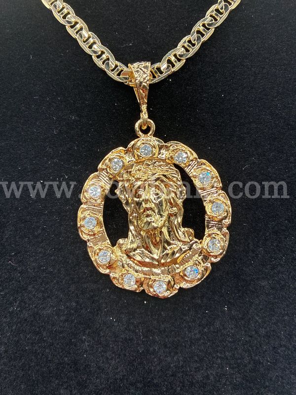 24” Gucci Link Necklace W Large Jesus CZ Necklace 24K Real Gold Filled.