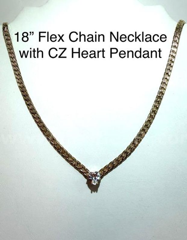 Gorgeous, 18 Inch, Flex Chain Necklace, W/2 Karat, CZ Heart Pendant Real 24k Gold Filled