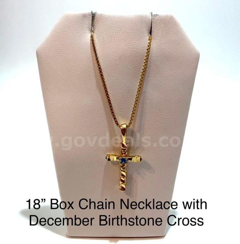 Beautiful, 18” Box Chain Necklace, W/December Birthstone CZ Cross, Real 24k Gold Filled