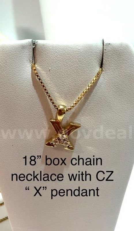 Beautiful, 18 Inch, Box Chain Necklace, W/CZ "X" Pendant, Real 24k Gold Filled