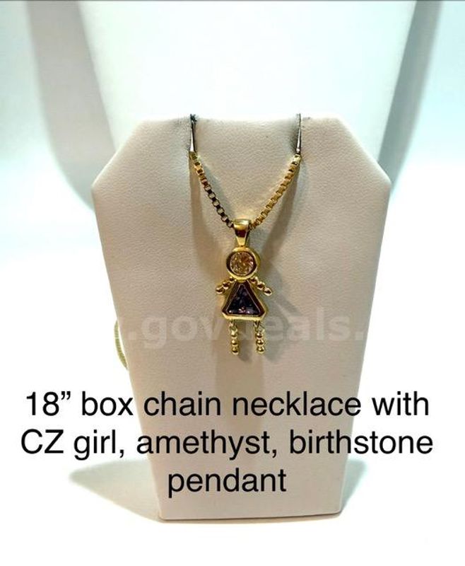 18 Inch, Box Chain Necklace, W/CZ Girl, Amethyst, Birthstone Pendant, Real 24k Gold Filled