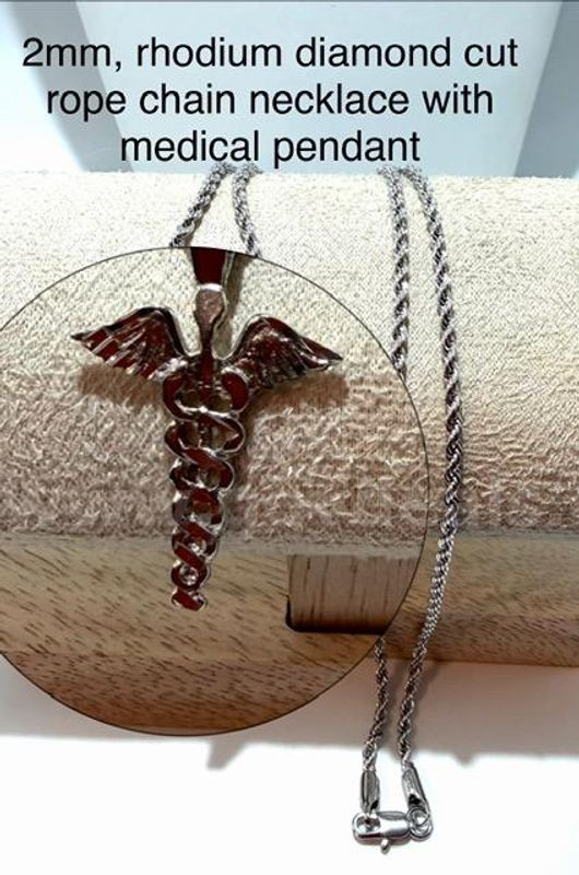 Beautiful, 18 Inch, Rhodium Clad (Silver), Diamond Cut Rope Chain Necklace, W/Medical Pendant
