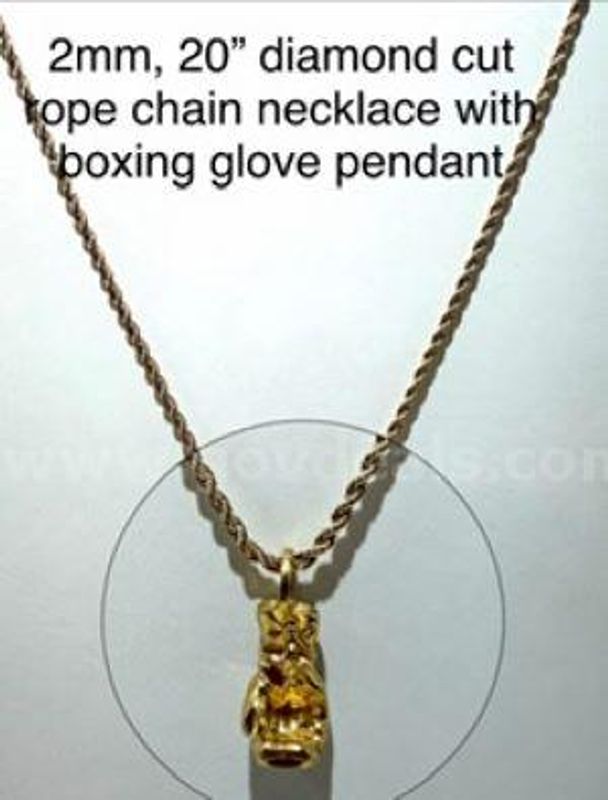 2MM, 20 Inch, Diamond Cut Rope Chain Necklace, W/Boxing Glove Pendant, Real 24k Gold Filled