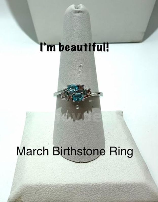 Beautiful, Rhodium Clad (Silver), Size 9, Ladies, CZ March Birthstone Ring