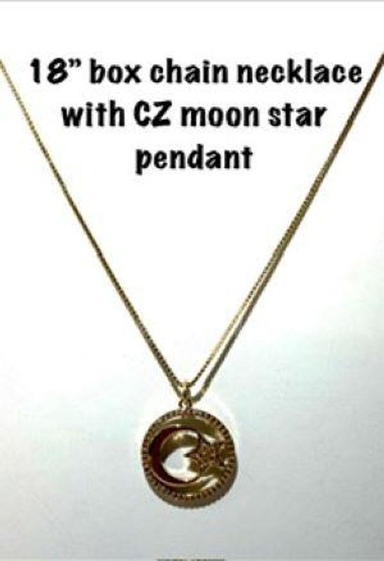 18 Inch, Box Chain Necklace, W/CZ Moon/Star Pendant, Real 24k Gold Filled