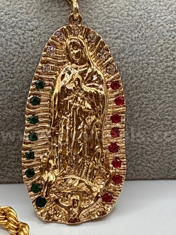 6mm, 30 Inch , French Rope Chain, W/ Cz Tricolor our Lady of Guadalupe Pendant. 24K Real Gold Plated