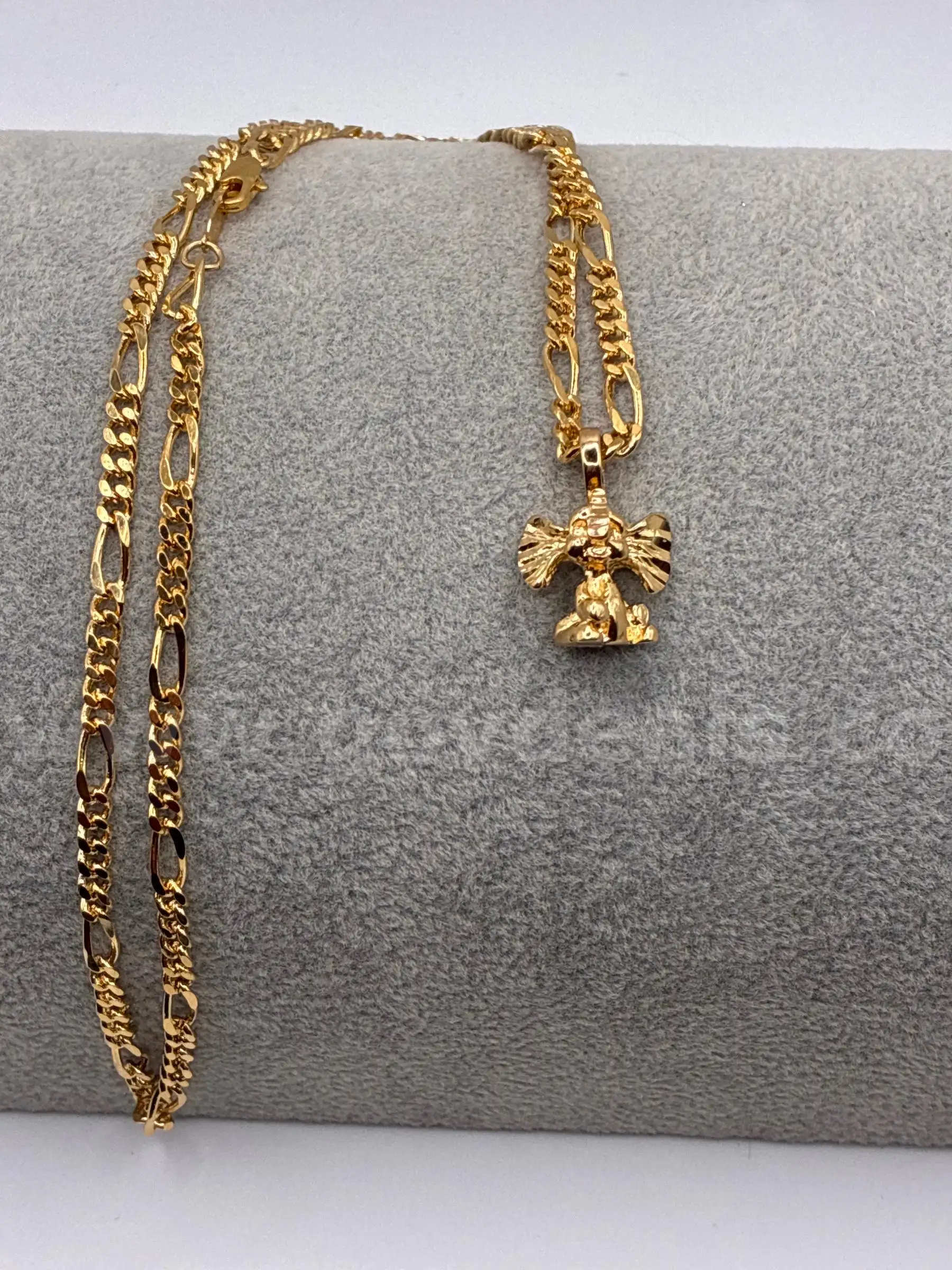 22” Figaro Necklace w/ Baby Elephant Pendant 24K Real Gold Plated