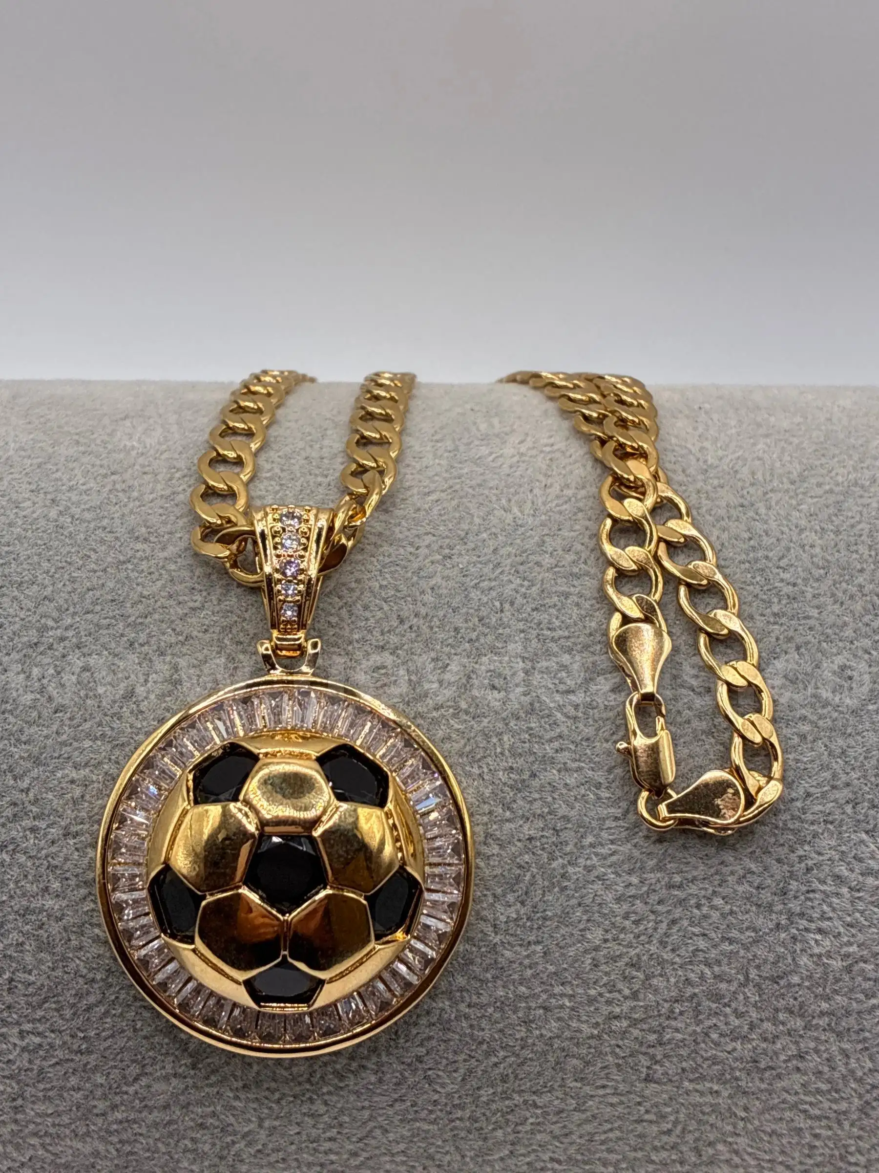 24” Curb Chain Necklace W/CZ Soccer Pendant. 24K Real Gold Plated FREE SHIPPING W/ BUY IT NOW!!