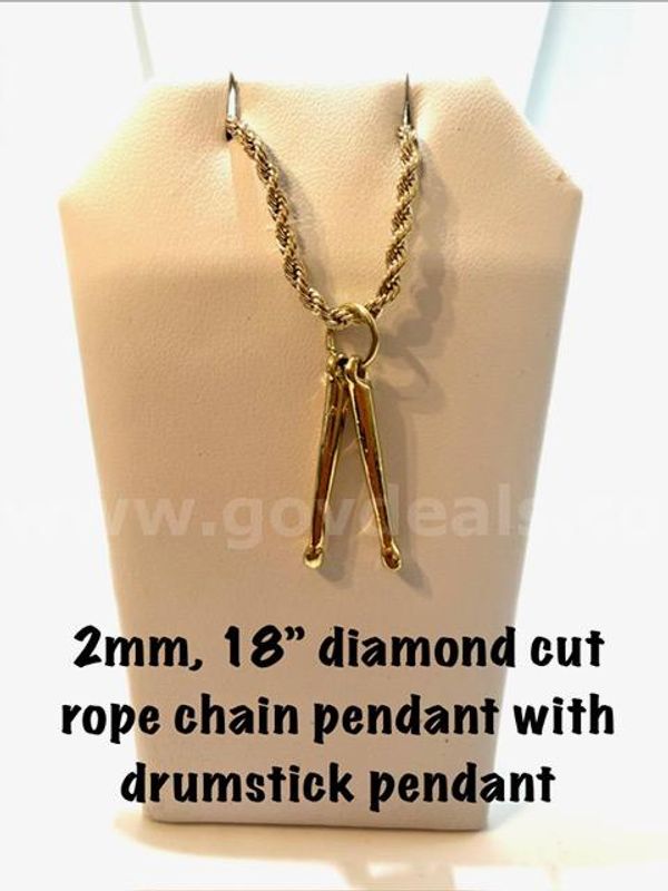 Beautiful, 2MM, 18”, Diamond Cut Rope Chain Necklace, W/Drumsticks Pendant, Real 24k Gold Filled
