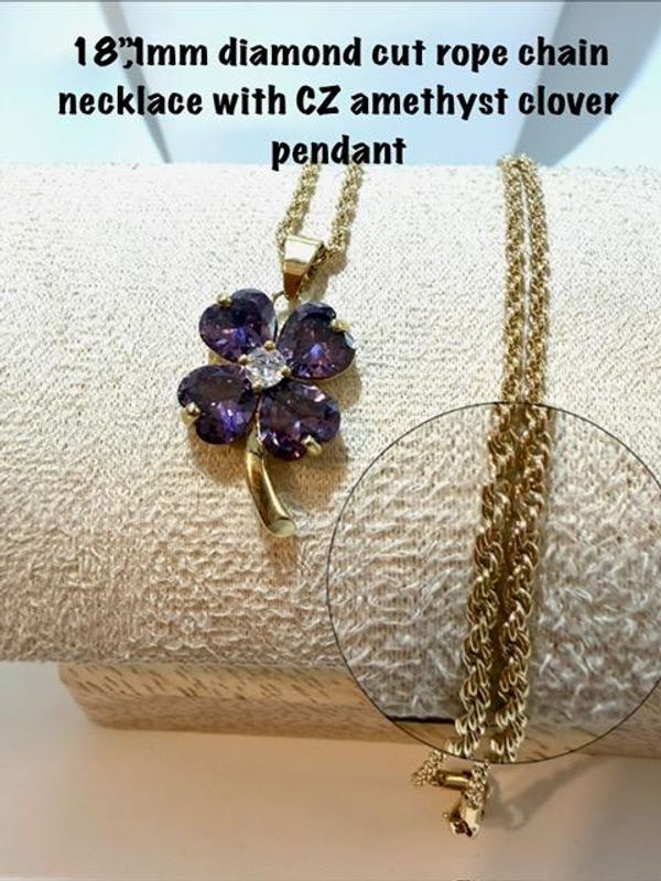 Gorgeous, 1MM, 18”, Diamond Cut Rope Chain Necklace, W/CZ, Amethyst Clover Pendant, Real 24k Gold Filled